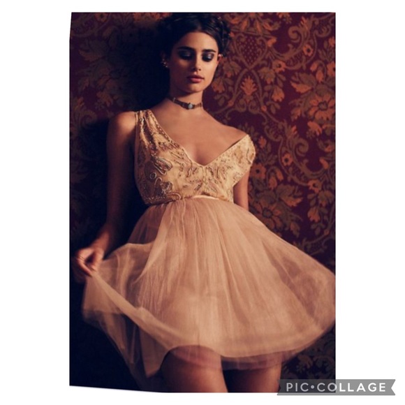Free People Deja Vu Beaded Embroidered Rose Gold Tulle Mini Dress Size 10 - Picture 3 of 16
